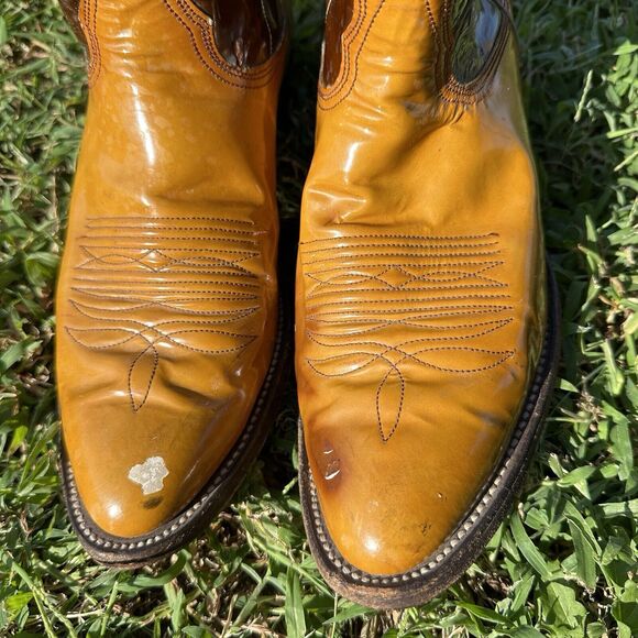 Rare Nocona Justin Patent Leather Cowboy Boots Mens 9.5 D Glossy Brown Tan‎ main image 4